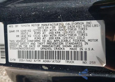 2008 Toyota Tacoma Base V6 from USA, damaged, VIN 5TEUU42N68Z583160